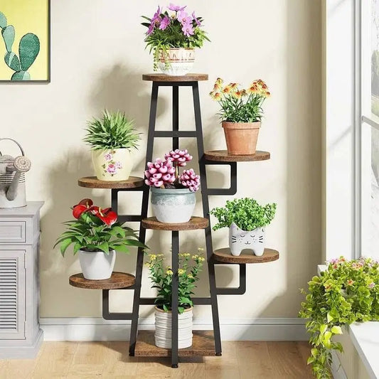 Modern Indoor Multi-Tier Plant Stand with Black Metal Frame and Wood Shelves - Plant Stands