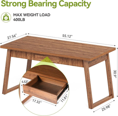 55-Inch Home Office Desk with Drawer, Modern Minimalist Style Wooden Simple Study Writing Table, Mid-Century Log Executive Desk, Computer Desk, PC Laptop Desk Workstation, Walnut Brown-2