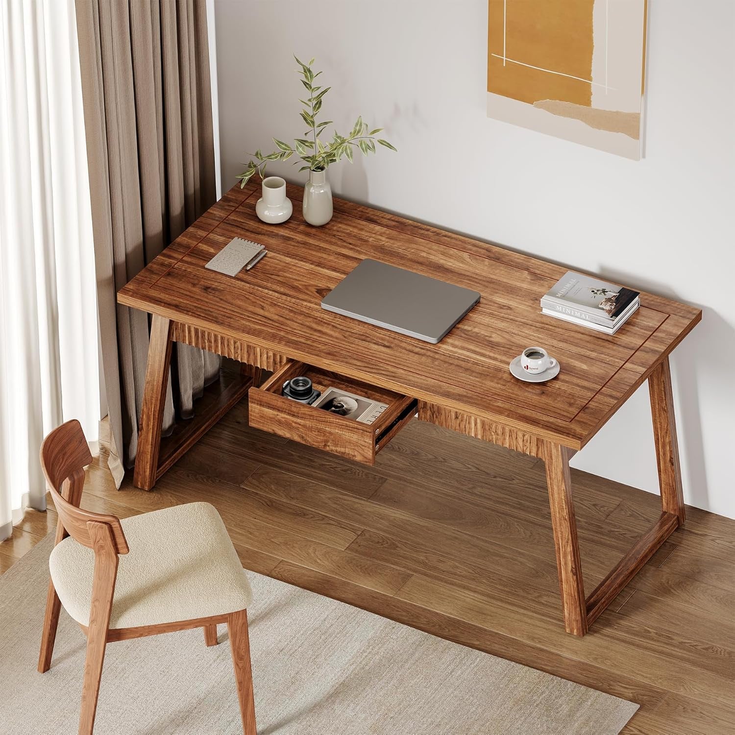 55-Inch Home Office Desk with Drawer, Modern Minimalist Style Wooden Simple Study Writing Table, Mid-Century Log Executive Desk, Computer Desk, PC Laptop Desk Workstation, Walnut Brown-4