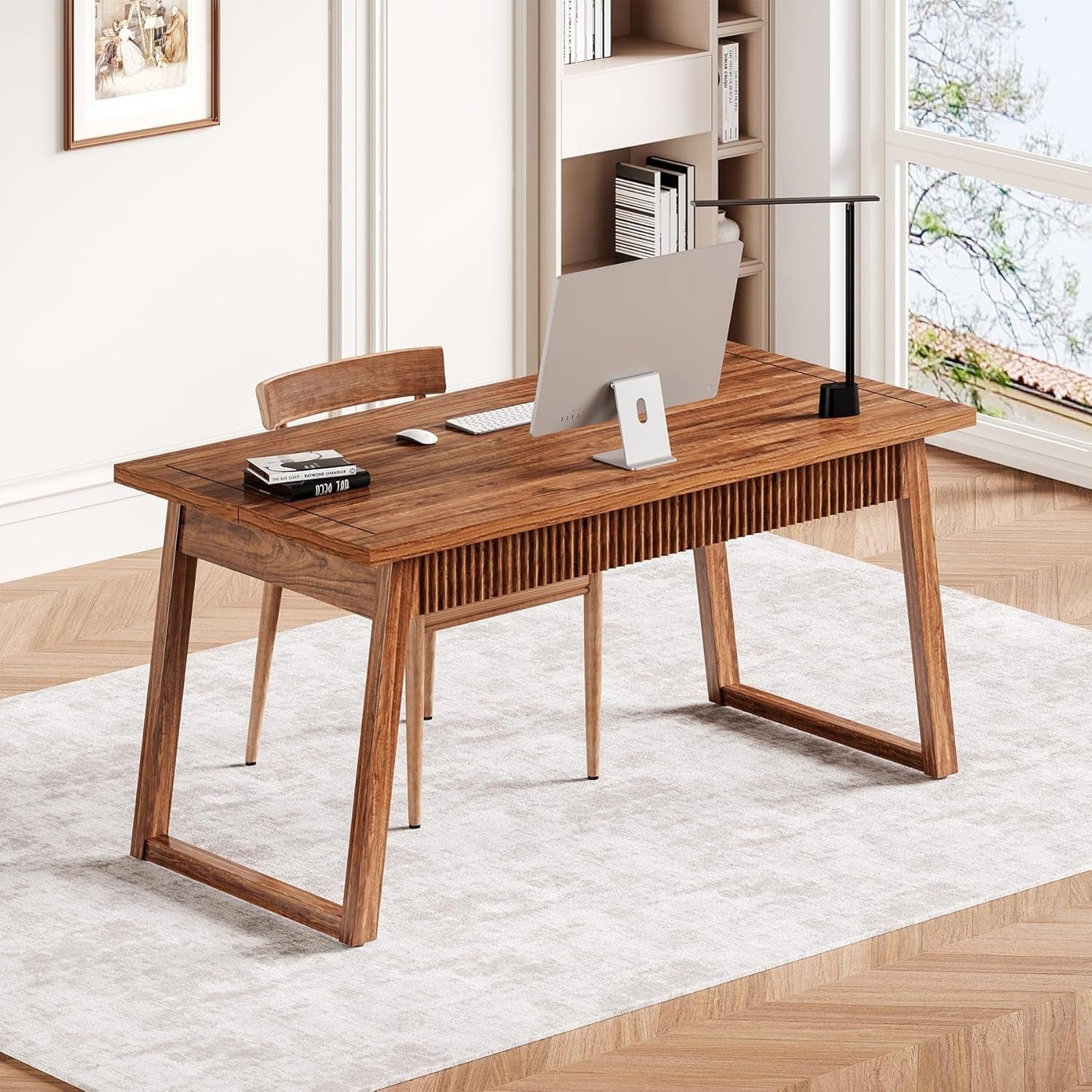 55-Inch Home Office Desk with Drawer, Modern Minimalist Style Wooden Simple Study Writing Table, Mid-Century Log Executive Desk, Computer Desk, PC Laptop Desk Workstation, Walnut Brown-1