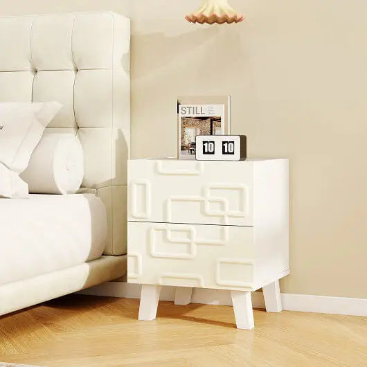 Modern Nightstand Side Table with Drawers and 3D Geometric Patterns-White - Color:White - Nightstand