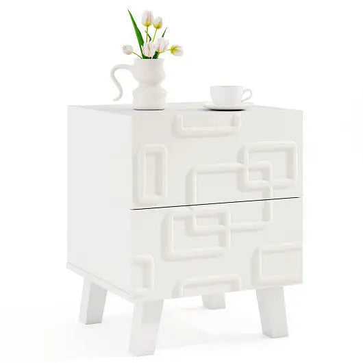 Modern Nightstand Side Table with Drawers and 3D Geometric Patterns-White - Color:White - Nightstand