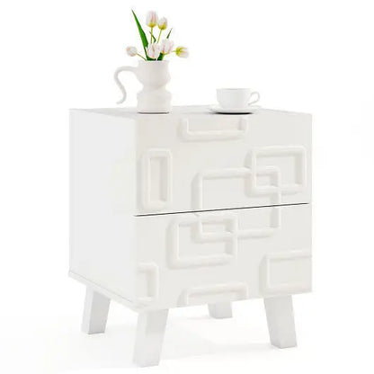 Modern Nightstand Side Table with Drawers and 3D Geometric Patterns-White - Color:White - Nightstand