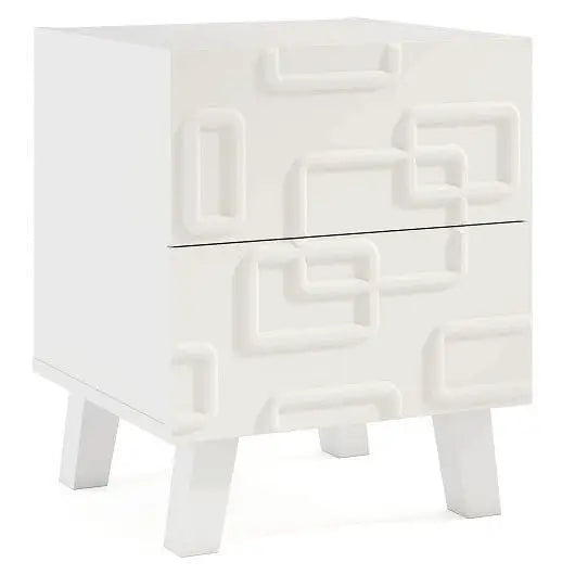 Modern Nightstand Side Table with Drawers and 3D Geometric Patterns-White - Color:White - Nightstand