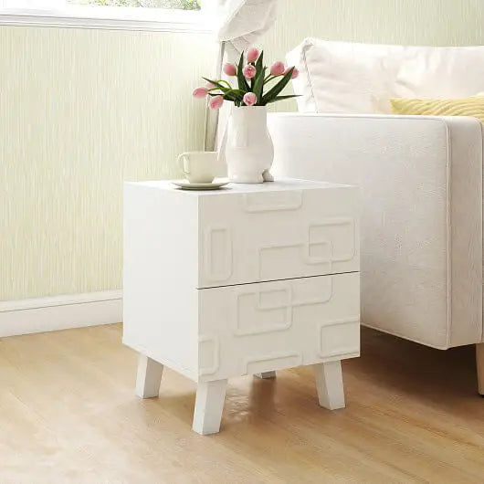 Modern Nightstand Side Table with Drawers and 3D Geometric Patterns-White - Color:White - Nightstand