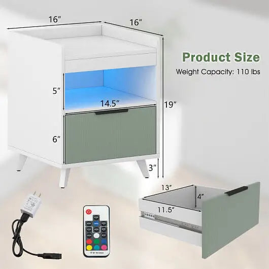 Modern Nightstand with LED Lights Sliding Drawer and Open Compartment-White - Color:White - Nightstands