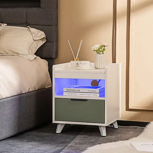 Modern Nightstand with LED Lights Sliding Drawer and Open Compartment-White - Color:White - Nightstands