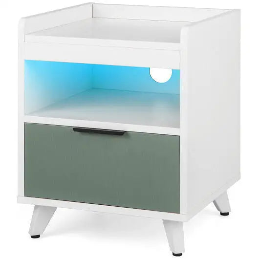Modern Nightstand with LED Lights Sliding Drawer and Open Compartment-White - Color:White - Nightstands