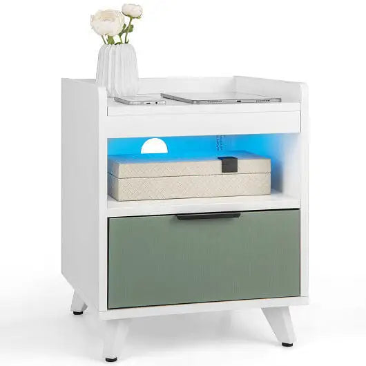 Modern Nightstand with LED Lights Sliding Drawer and Open Compartment-White - Color:White - Nightstands