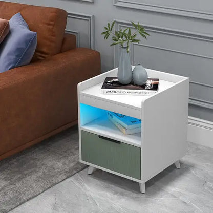 Modern Nightstand with LED Lights Sliding Drawer and Open Compartment-White - Color:White - Nightstands