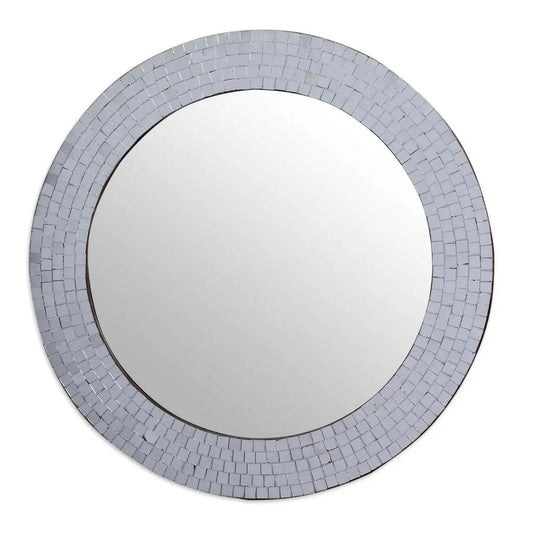 Modern Round Circular Bathroom Wall Mirror with Mosaic Glass Silver Frame - Bathroom Mirrors