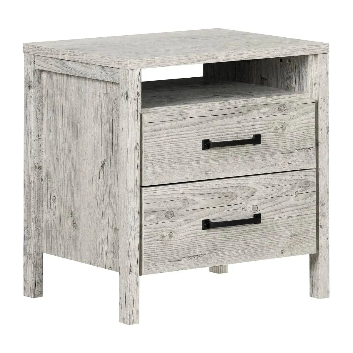 Modern Washed Pine 2 Drawer Nightstand Cubby Storage Shelf - Nightstand