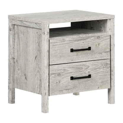Modern Washed Pine 2 Drawer Nightstand Cubby Storage Shelf - Nightstand