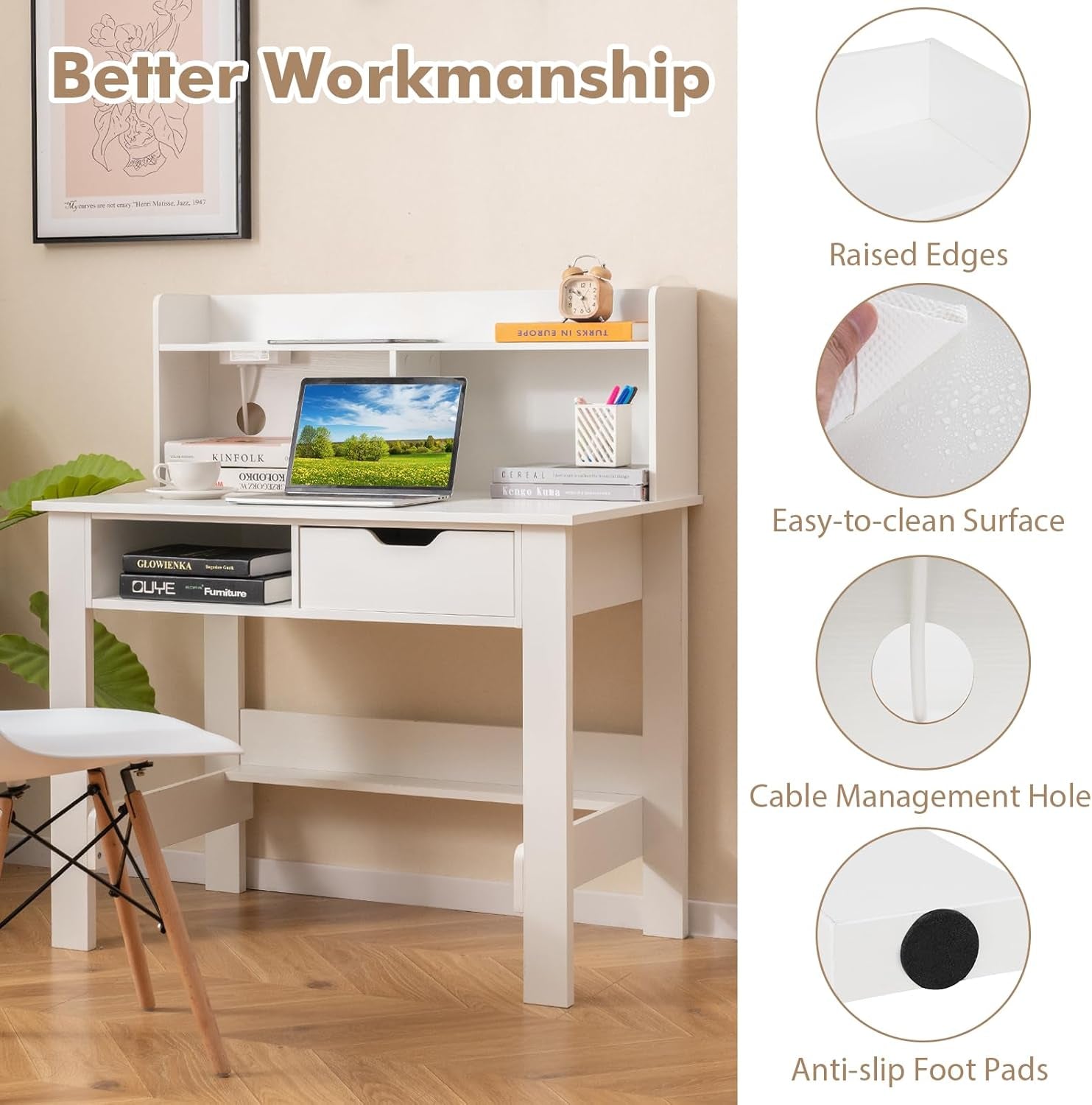 Modern White Computer Desk with Charging Ports and Storage-3