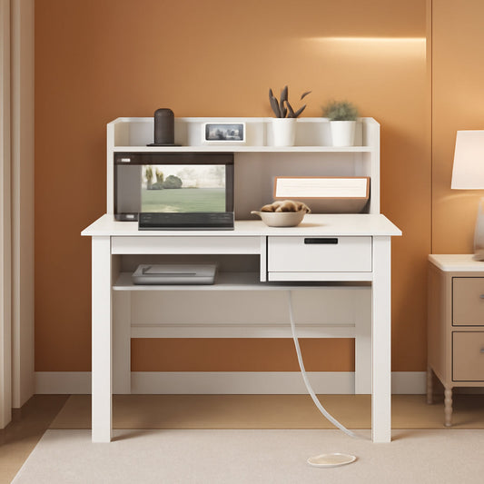 Modern White Computer Desk with Charging Ports and Storage-0