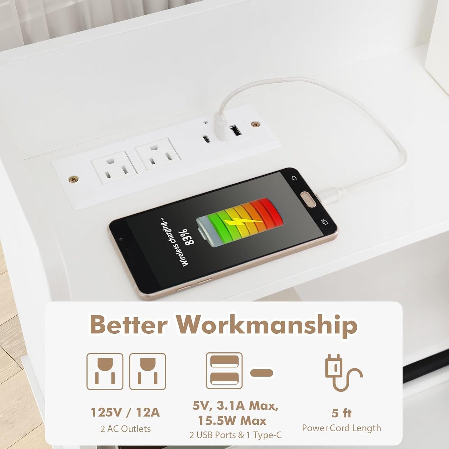 Modern White Computer Desk with Charging Ports and Storage-4