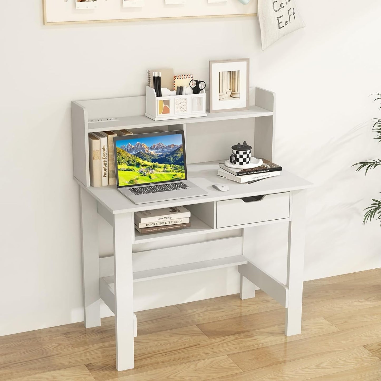Modern White Computer Desk with Charging Ports and Storage-1