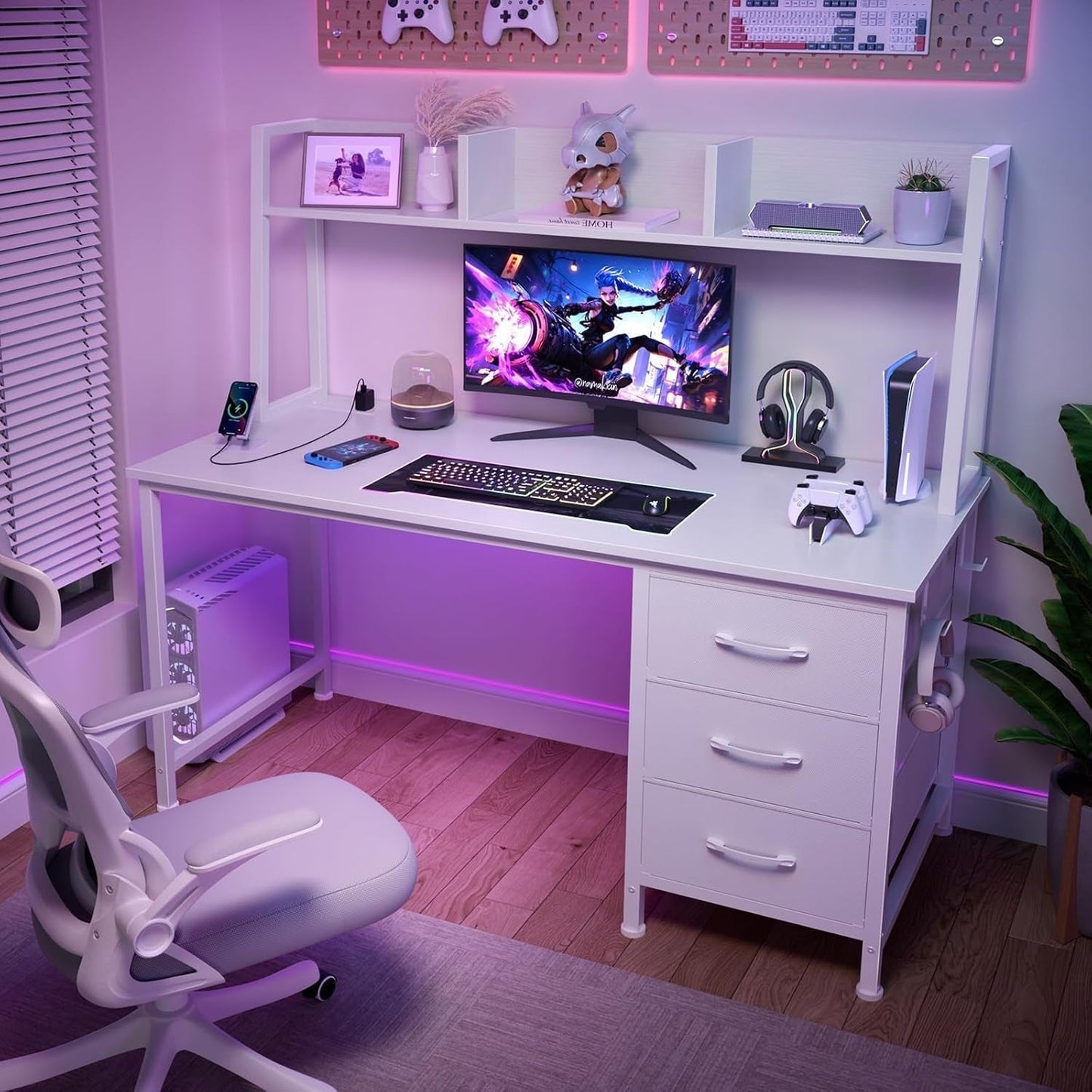 Modern White Computer Desk with Hutch and Drawers-3