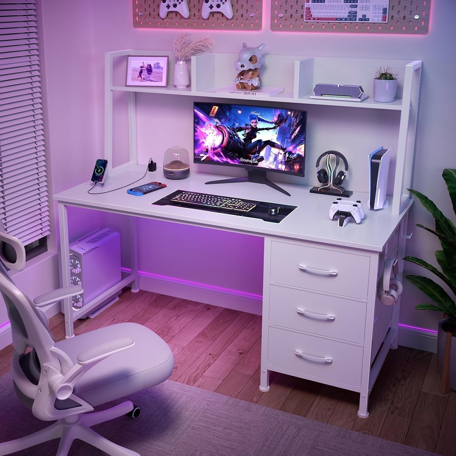 Modern White Computer Desk with Hutch and Drawers-3