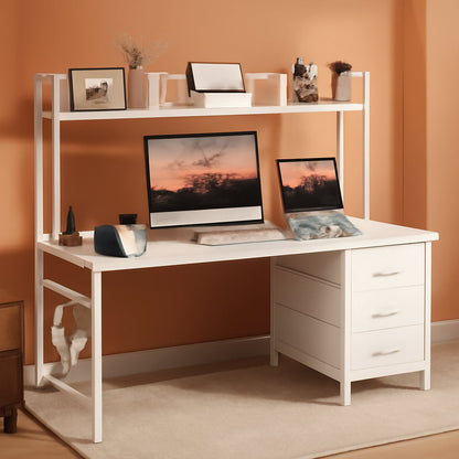 Modern White Computer Desk with Hutch and Drawers-0