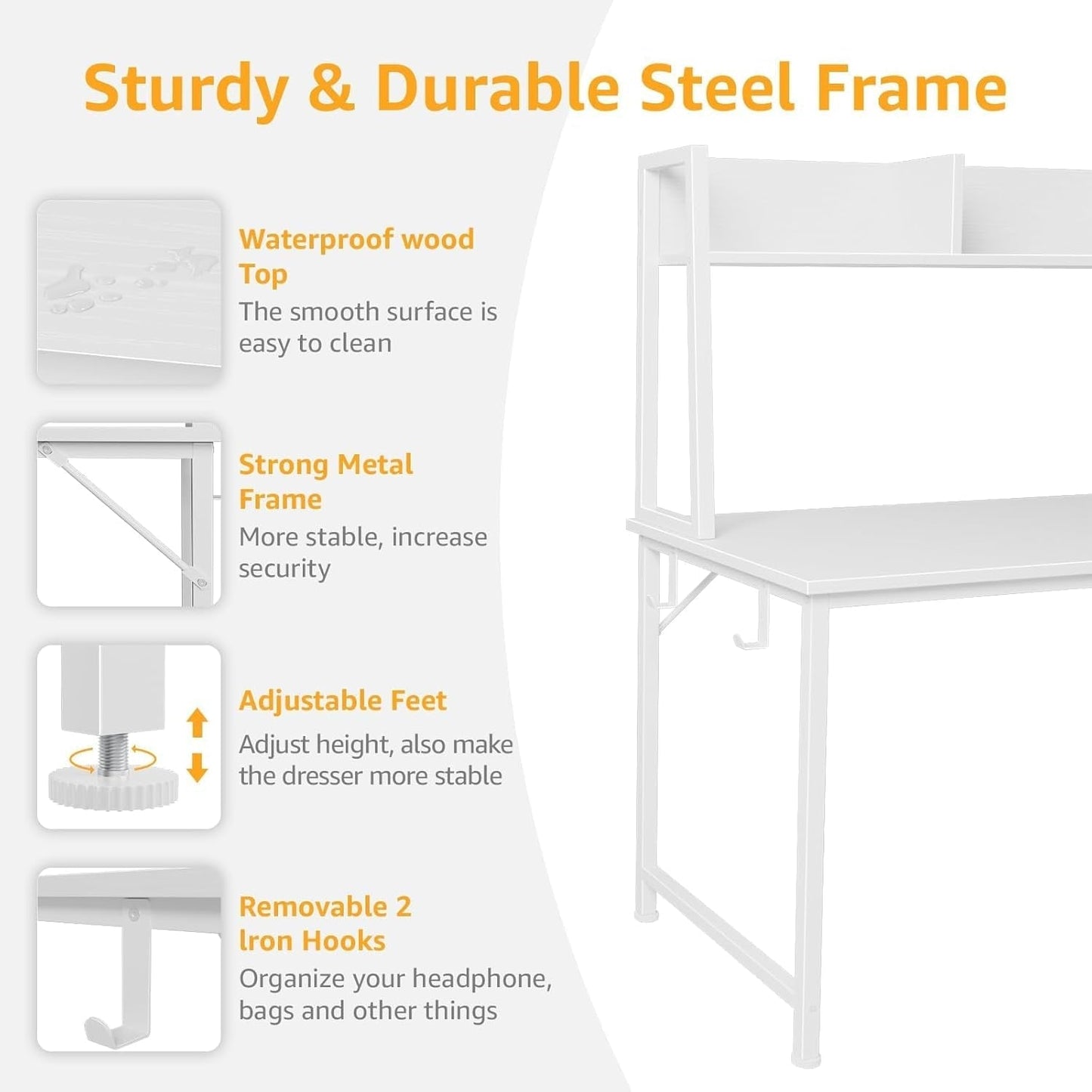 Modern White Computer Desk with Hutch and Drawers-4
