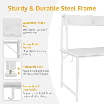Modern White Computer Desk with Hutch and Drawers-4