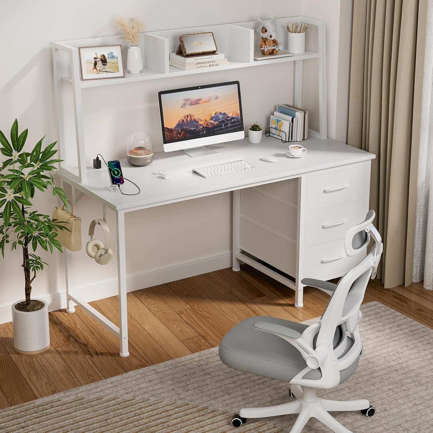 Modern White Computer Desk with Hutch and Drawers-1