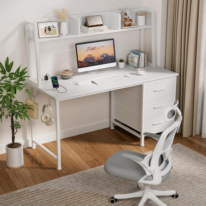 Modern White Computer Desk with Hutch and Drawers-1
