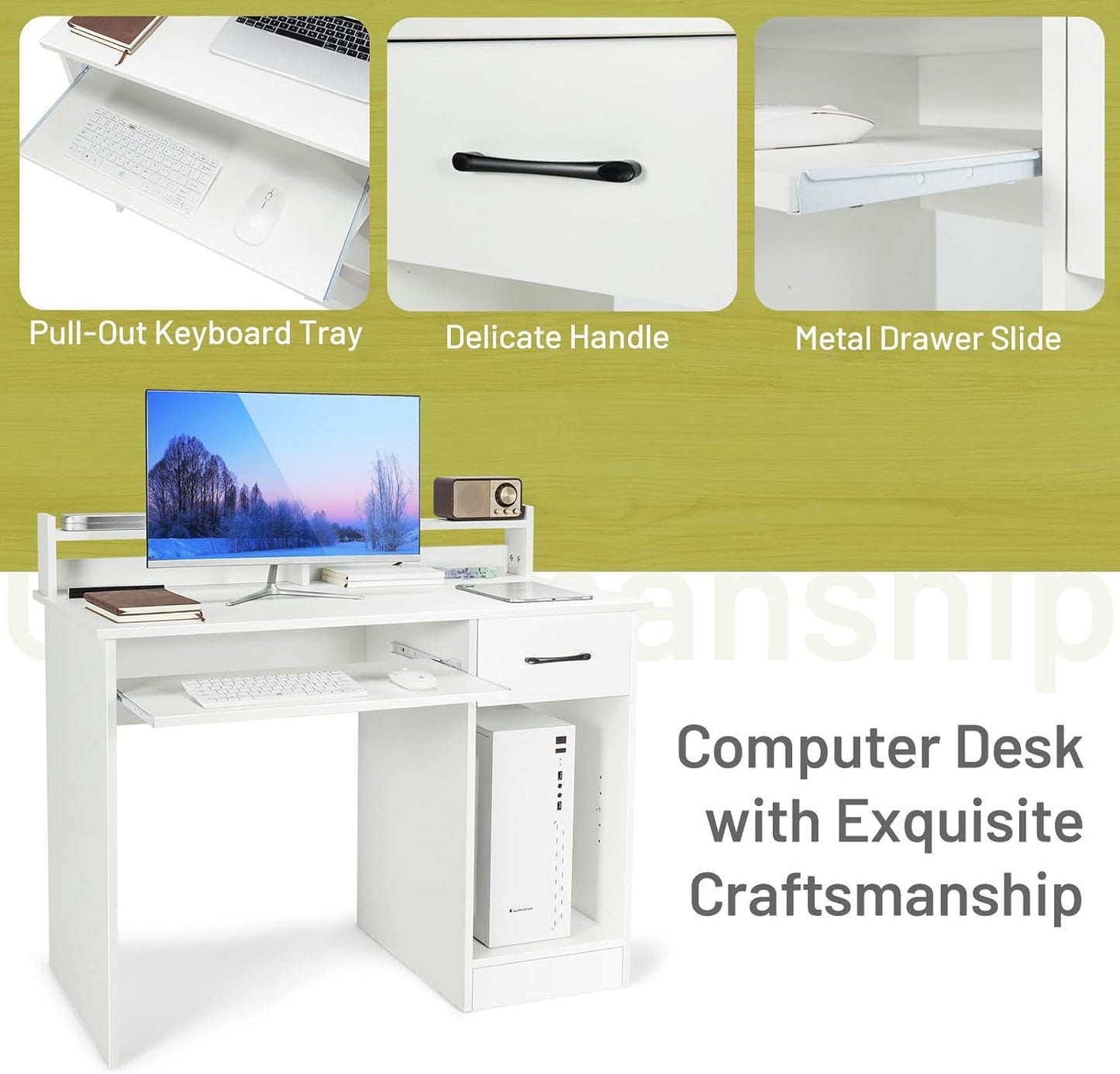 Modern White Desk with Drawer and Keyboard Tray-4