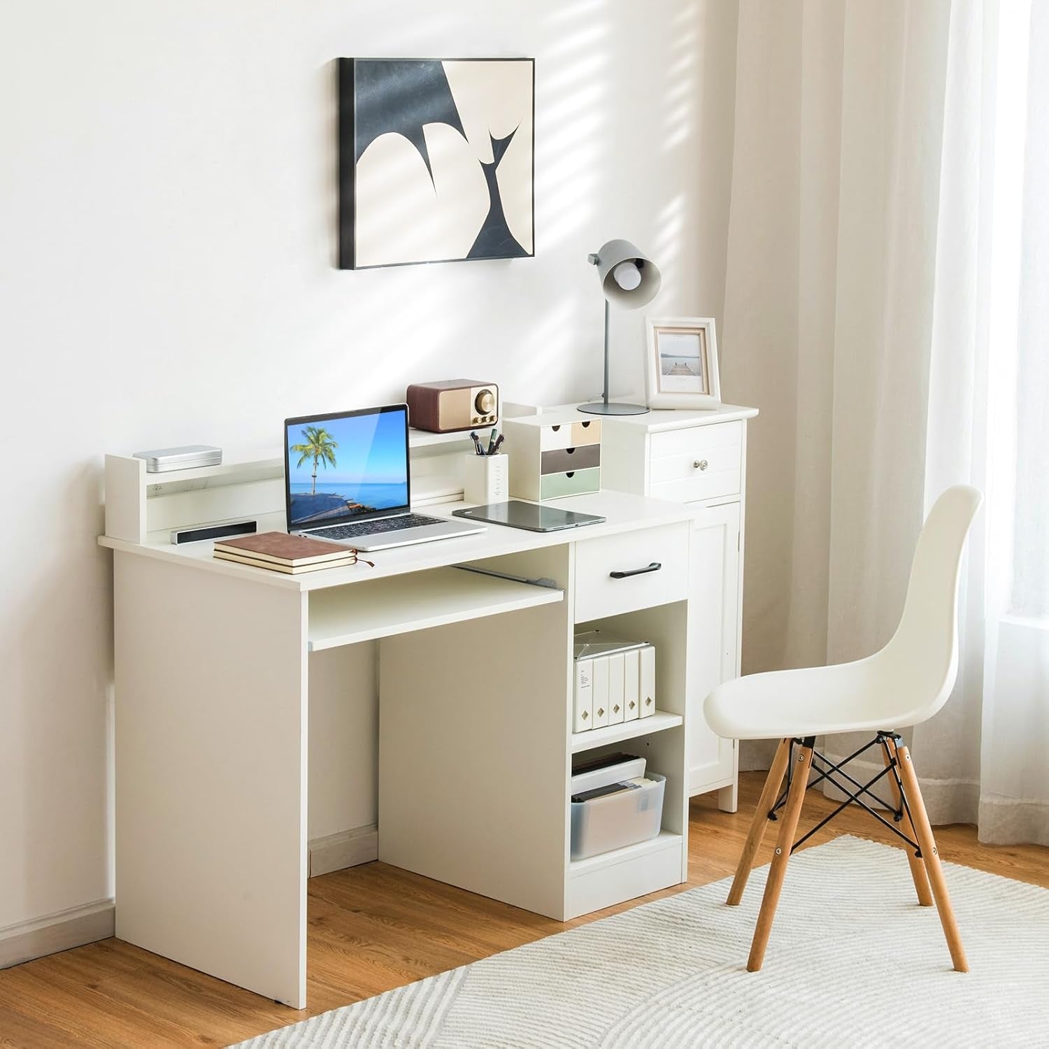 Modern White Desk with Drawer and Keyboard Tray-1