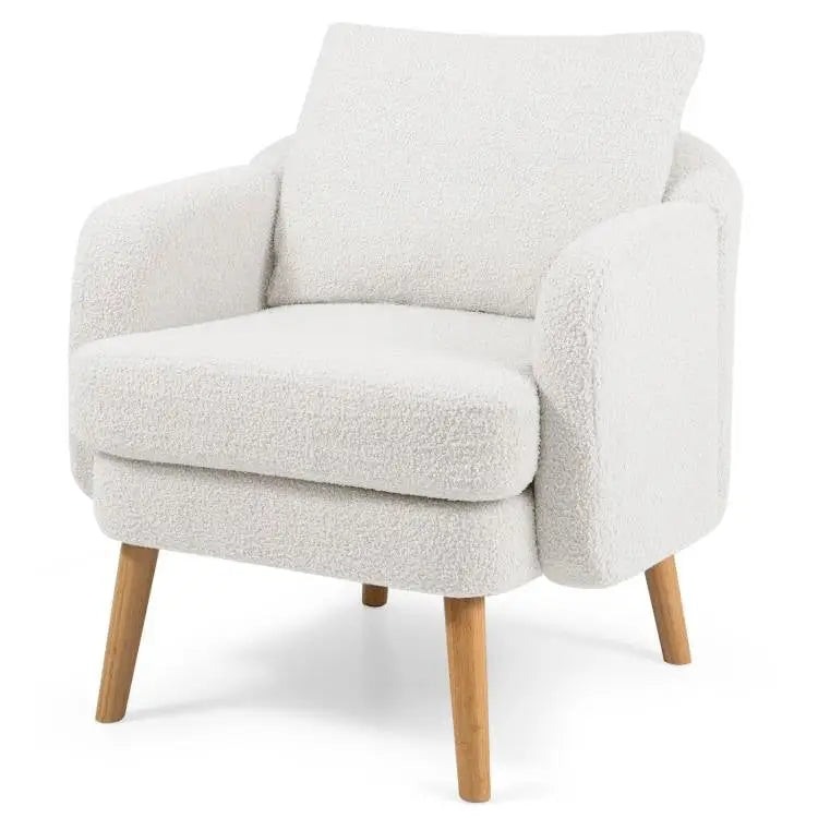 Modern white sherpa accent chair with wooden legs and textured fabric in mid-century style
