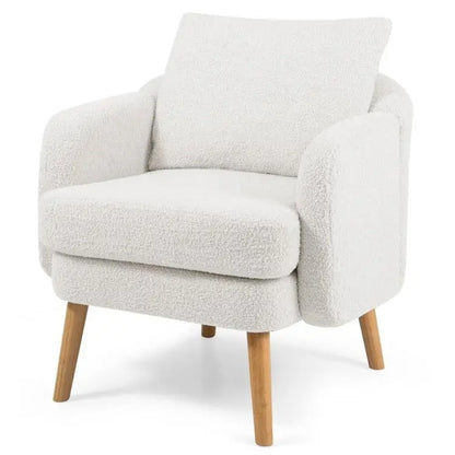 Modern white sherpa accent chair with wooden legs and textured fabric in mid-century style