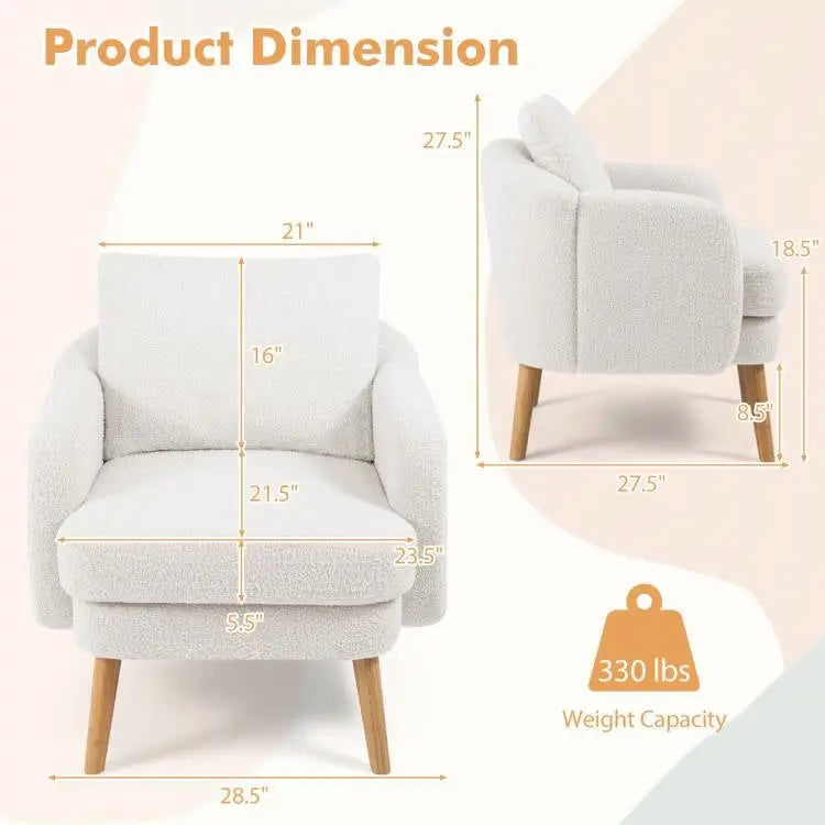 Modern White Sherpa Upholstered Accent Chair with Wooden Legs and weight capacity indicator