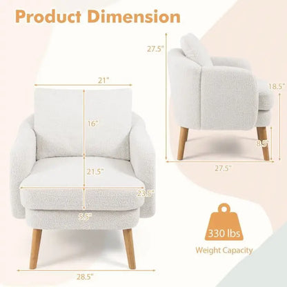 Modern White Sherpa Upholstered Accent Chair with Wooden Legs and weight capacity indicator
