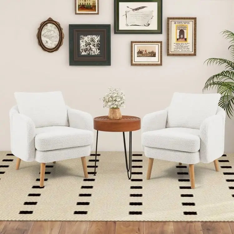 Modern white sherpa upholstered accent chair with wooden legs and rubber wood frame