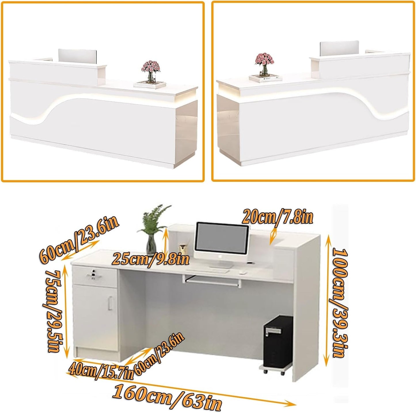 Reception Desk with Counter, Modern Reception Desk, Wooden Counter with Lockable Drawer, Suitable for Office Reception Room Lobby, Checkout Beauty Salon - L-63 * 23.6 * 39.3In-1
