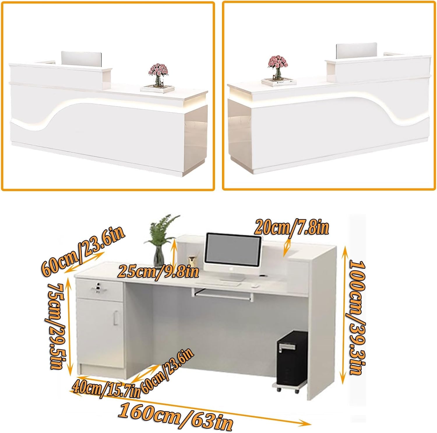 Reception Desk with Counter, Modern Reception Desk, Wooden Counter with Lockable Drawer, Suitable for Office Reception Room Lobby, Checkout Beauty Salon - L-63 * 23.6 * 39.3In-1