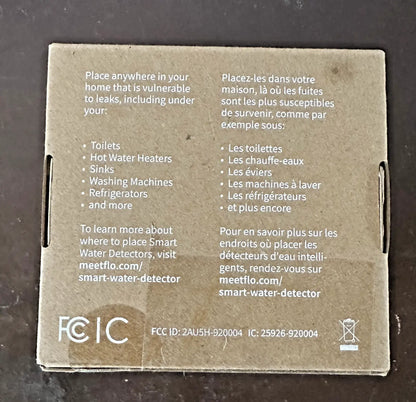 Cardboard packaging for Moen Flo Smart Water Leak Detector Wi-Fi enabled sensor