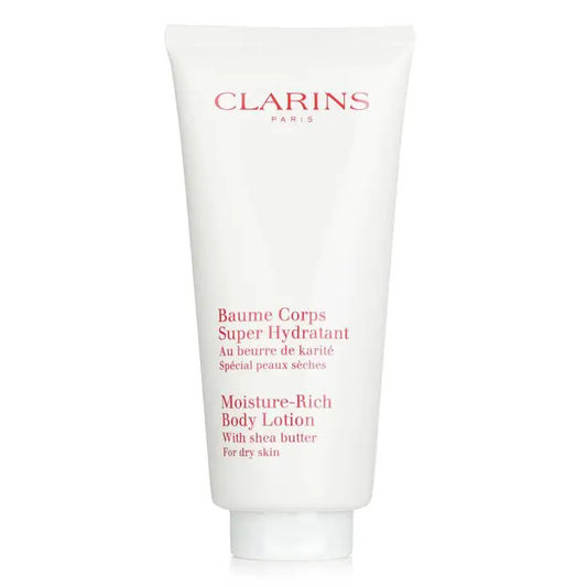 White tube of Clarins Moisture Rich Body Lotion with Shea Butter for dry skin