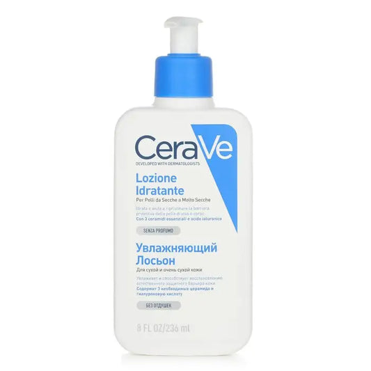 White CeraVe moisturizing lotion with blue pump cap for dry skin and skin’s natural barrier