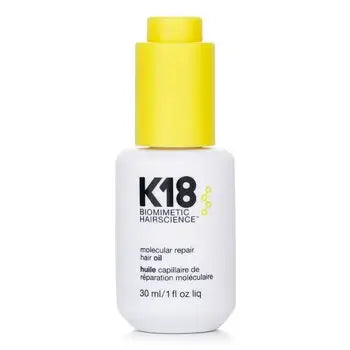 White K18 Molecular Repair Hair Oil bottle with bright yellow top, 30ml/1oz