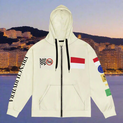 Cream-colored monaco hoodie with black drawstrings and embroidered patches, French Riviera style