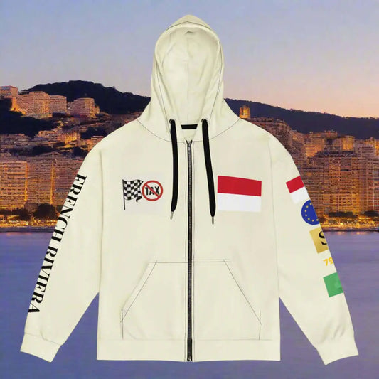 Cream-colored monaco hoodie with black drawstrings and embroidered patches, French Riviera style