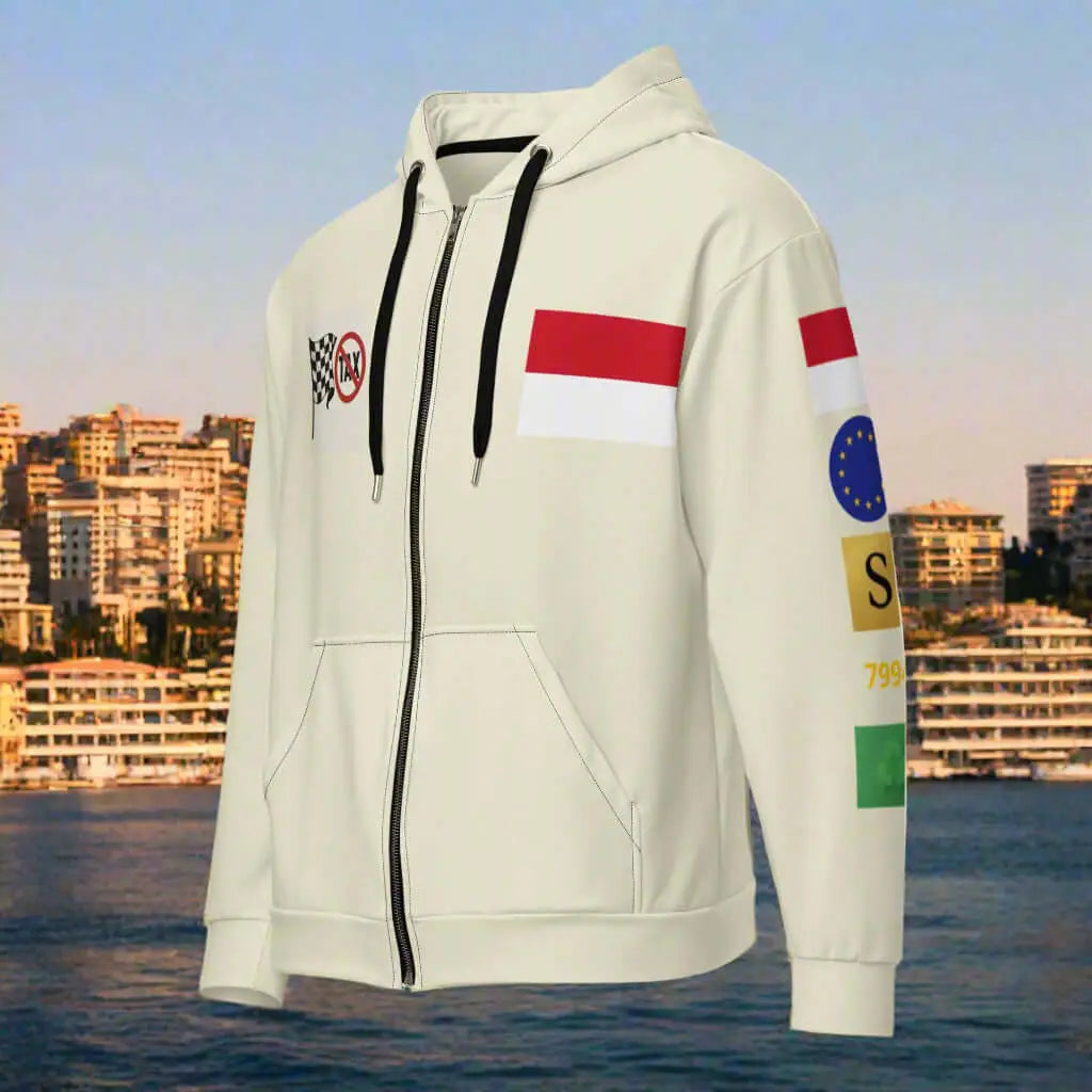 Cream-colored Monaco hoodie with French Riviera style, red white stripe, checkered flag, and Monaco flag emblem