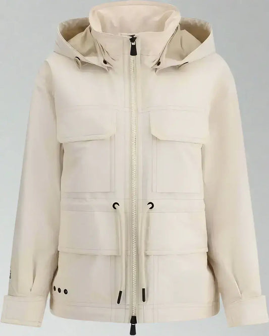 Light-beige MONCLER Grenoble Nimba Jacket with hood, pockets, and drawstring waist