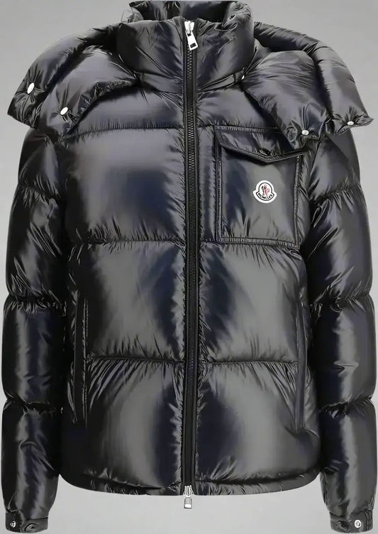 Midnight blue Montbeliard down jacket in laqué nylon with hood and chest pocket