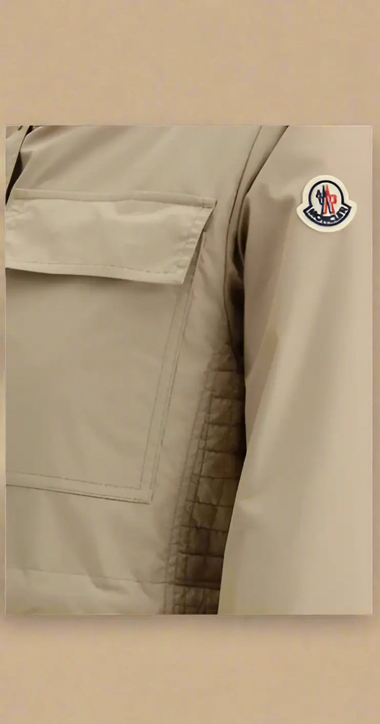 Beige Moncler Meudon Long Waterproof Jacket with chest pocket and arm logo