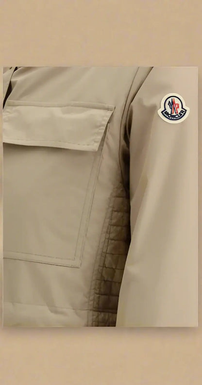 Beige Moncler Meudon Long Waterproof Jacket with chest pocket and arm logo
