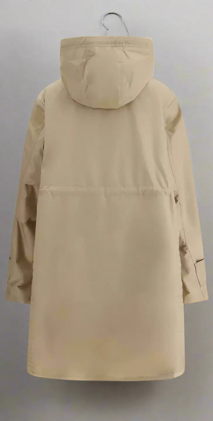 Beige hooded parka coat from Moncler Meudon Long Waterproof Jacket collection