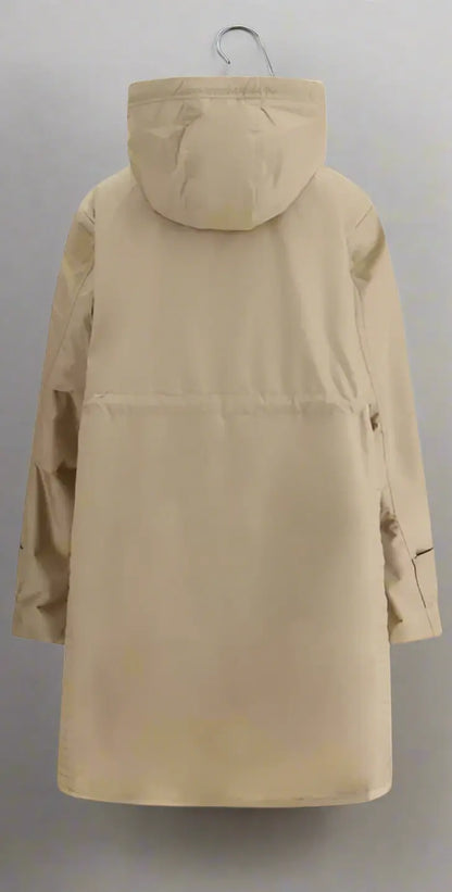 Beige hooded parka coat from Moncler Meudon Long Waterproof Jacket collection